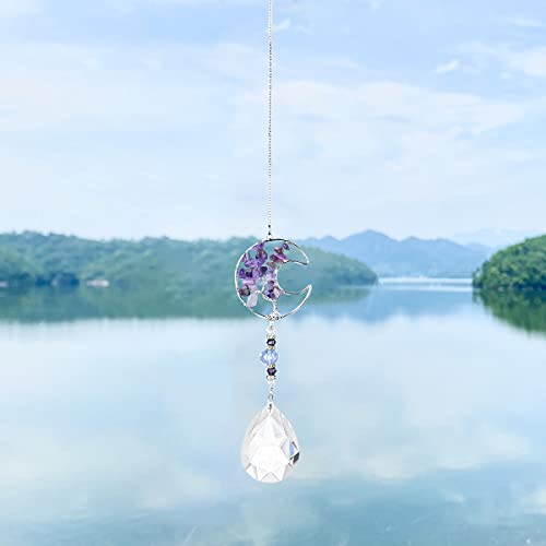 Jescrich Tree of Life Half Moon Purple Suncatcher Crystal Drop Prism Wall Hanging Ornaments for Window,Garden,Car,Home Decoration (Purple)