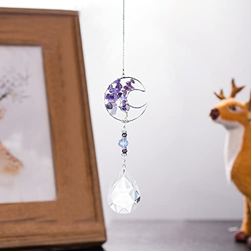 Jescrich Tree of Life Half Moon Purple Suncatcher Crystal Drop Prism Wall Hanging Ornaments for Window,Garden,Car,Home Decoration (Purple)