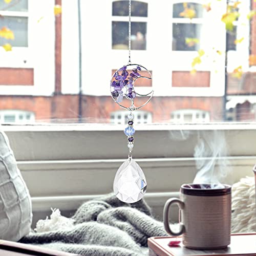 Jescrich Tree of Life Half Moon Purple Suncatcher Crystal Drop Prism Wall Hanging Ornaments for Window,Garden,Car,Home Decoration (Purple)