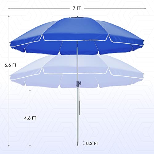 LE CONTE 7FT Beach Umbrella with Sand Anchor, SPF60+ Portable Sunshade Umbrella with Tilt Mechanism, Air Vents Design, Carry Bag for Outdoor Garden (Blue)