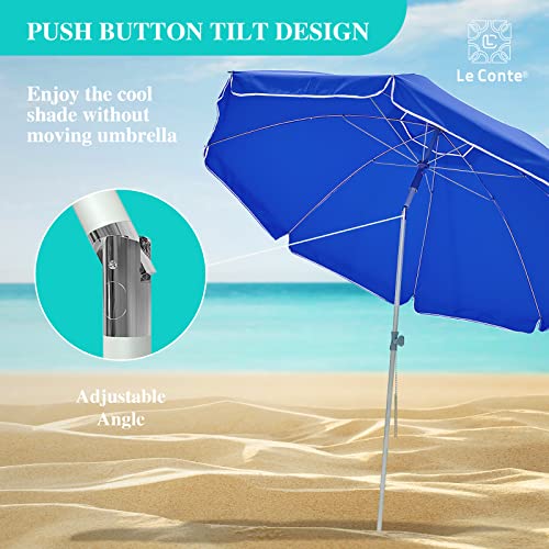 LE CONTE 7FT Beach Umbrella with Sand Anchor, SPF60+ Portable Sunshade Umbrella with Tilt Mechanism, Air Vents Design, Carry Bag for Outdoor Garden (Blue)