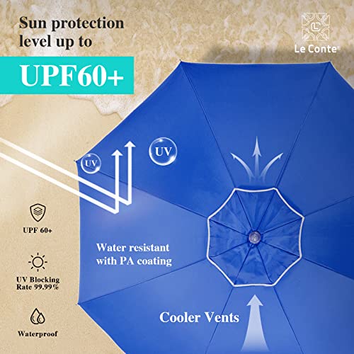 LE CONTE 7FT Beach Umbrella with Sand Anchor, SPF60+ Portable Sunshade Umbrella with Tilt Mechanism, Air Vents Design, Carry Bag for Outdoor Garden (Blue)