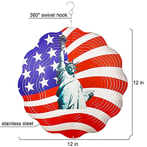 Metal Wind Spinners Outdoor Large,USA Statue of Liberty Craft Spinner Hanging Decor,12in Yard Ornaments 3D Kinetic Spinner,Patriotic American Flag Wind Spinner Gift,Wind Catchers & Spinners Garden Art