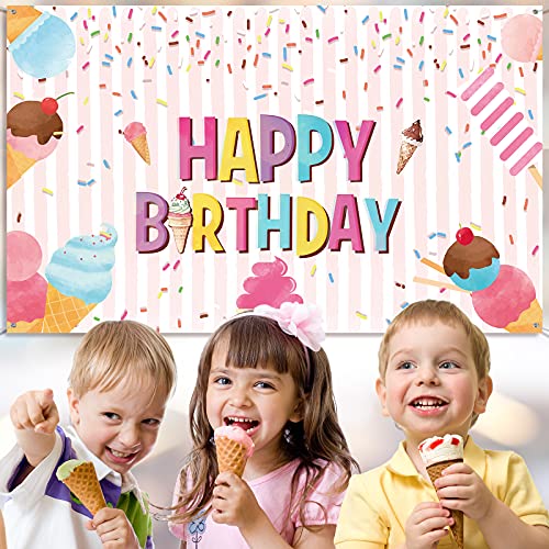 Ice Cream Birthday Party Backdrop Decorations Sweet Summer Ice Cream Party Favors for Kids Girls Boys Themed Happy Birthday Banner Baby Photography Background Photo Booth 70.8 x 43.3 inch