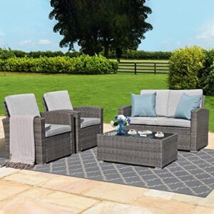 verano garden 4 piece patio conversation set,all weather rattan wicker patio furniture set with thick cushions and tempered glass coffee table for porch, backyard, patio, dark gray (light gray)