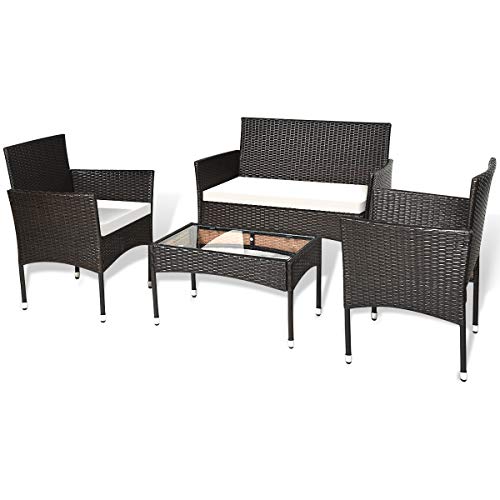 Goplus 4-Piece Rattan Patio Furniture Set, Garden Lawn Pool Backyard Outdoor Sofa Wicker Conversation Set with Glass Coffee Table, Loveseat & 2 Cushioned Chairs