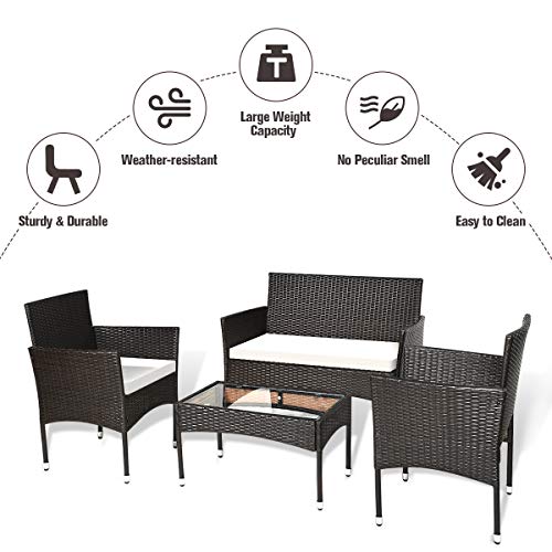 Goplus 4-Piece Rattan Patio Furniture Set, Garden Lawn Pool Backyard Outdoor Sofa Wicker Conversation Set with Glass Coffee Table, Loveseat & 2 Cushioned Chairs