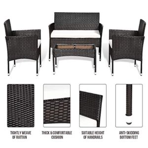 Goplus 4-Piece Rattan Patio Furniture Set, Garden Lawn Pool Backyard Outdoor Sofa Wicker Conversation Set with Glass Coffee Table, Loveseat & 2 Cushioned Chairs