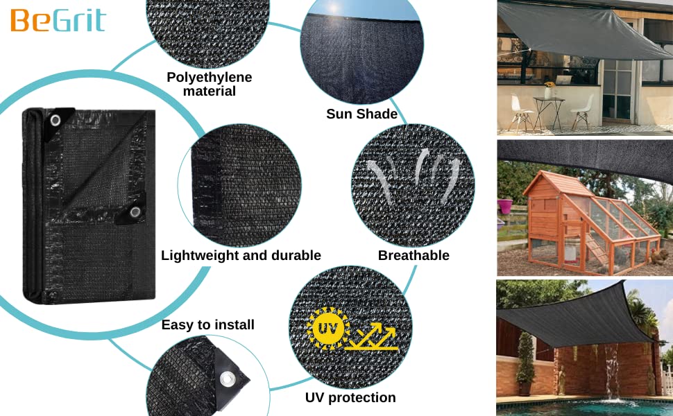 BeGrit 70% 9x20ft Shade Cloth with Grommets Garden Sun Mesh Sunblock UV Resistant Net for Garden Cover Flowers,Patio Plants,Chicken Coop,Greenhouse(Black)