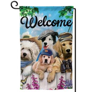 cowdiy double-sided outdoor garden flag, welcome dog with hat house yard flag, weather resistant home decorative colorful design primitive yard decor for patio lawn 12.5 x 18 in