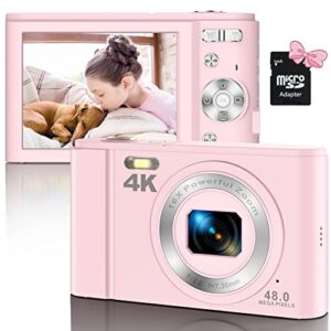 digital camera, 4k 48mp vlogging camera compact pocket camera with 16x zoom 32gb sd card, point and shoot camera for adult seniors students kids beginner(pink)
