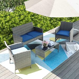 patio pe wicker furniture set 4 pieces,all weather patio conversation sets of 2 single sofas,1 loveseat and tempered glass table top,outdoor chat set conversation set for backyard yard,garden (blue)