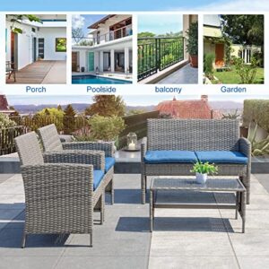 Patio PE Wicker Furniture Set 4 Pieces,All Weather Patio Conversation Sets of 2 Single Sofas,1 Loveseat and Tempered Glass Table Top,Outdoor Chat Set Conversation Set for Backyard Yard,Garden (Blue)