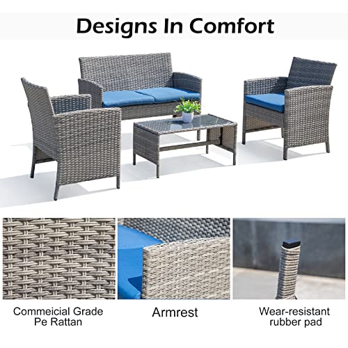 Patio PE Wicker Furniture Set 4 Pieces,All Weather Patio Conversation Sets of 2 Single Sofas,1 Loveseat and Tempered Glass Table Top,Outdoor Chat Set Conversation Set for Backyard Yard,Garden (Blue)