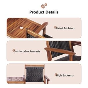 HAPPYGRILL Patio Bistro Set Acacia Wood Loveseat Chair with Side Table, 3 in 1 Rattan Wicker Patio Bench with Umbrella Hole for Garden Porch Backyard