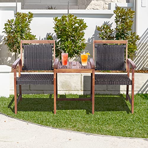 HAPPYGRILL Patio Bistro Set Acacia Wood Loveseat Chair with Side Table, 3 in 1 Rattan Wicker Patio Bench with Umbrella Hole for Garden Porch Backyard