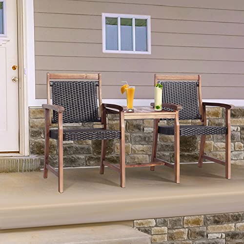 HAPPYGRILL Patio Bistro Set Acacia Wood Loveseat Chair with Side Table, 3 in 1 Rattan Wicker Patio Bench with Umbrella Hole for Garden Porch Backyard