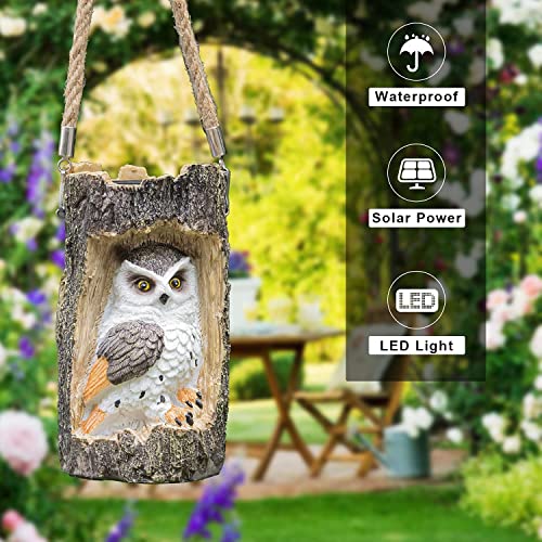 Solar Owl Garden Decorations LED Owl Hanging Lanterns Waterproof for Outdoor Decorative Owl in The Tree Owl Gifts for Owl Lovers Halloween Decor (Brown) …