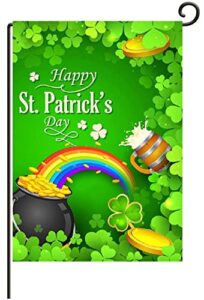 happy st patrick’s day shamrock spring clover lucky rainbow coin pot house flag 12.5″ x 18″ double sided polyester welcome large yard garden flag banners for patio lawn home outdoor decor-l33