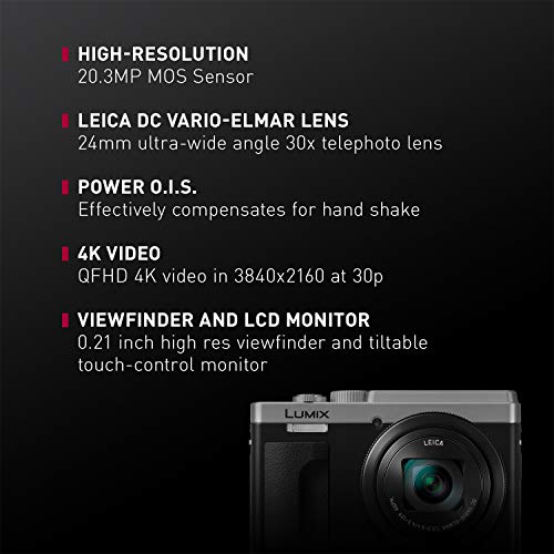 Panasonic LUMIX ZS80 20.3MP Digital Camera, 30x 24-720mm Travel Zoom Lens, 4K Video, Optical Image Stabilizer and 3.0-inch Display – Point & Shoot Camera with Lecia Lens- DC-ZS80S (Silver), Black