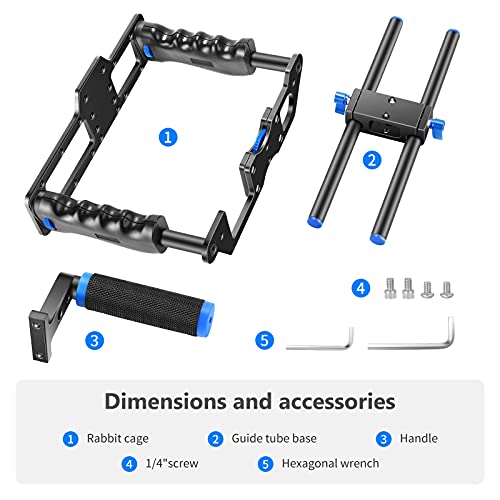 NEEWER Camera Video Cage Film Movie Making Kit, Aluminum Alloy with Top Handle, Dual Hand Grip, Two 15mm Rods, Compatible with Canon Sony Fujifilm Nikon DSLR Camera and Camcorder (Black + Blue)