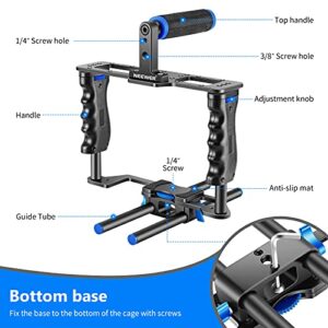 NEEWER Camera Video Cage Film Movie Making Kit, Aluminum Alloy with Top Handle, Dual Hand Grip, Two 15mm Rods, Compatible with Canon Sony Fujifilm Nikon DSLR Camera and Camcorder (Black + Blue)