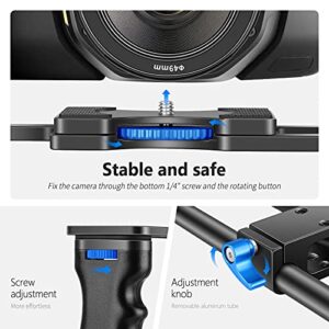 NEEWER Camera Video Cage Film Movie Making Kit, Aluminum Alloy with Top Handle, Dual Hand Grip, Two 15mm Rods, Compatible with Canon Sony Fujifilm Nikon DSLR Camera and Camcorder (Black + Blue)