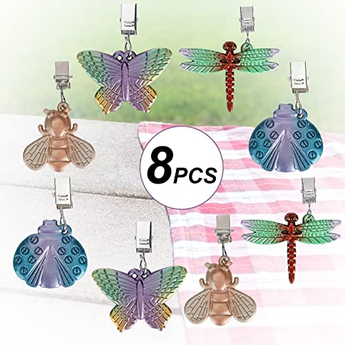 8 Pack Vintage Tablecloth Weights on Clip Hangers,Cast Iron Butterfly Dragonfly Ladybug Tablecloth Pendant for Outdoor Garden Party Picnic Table Covers