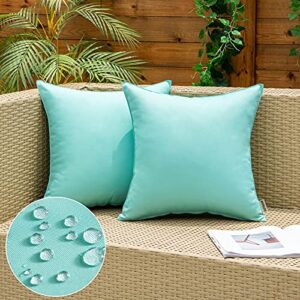 anroduo pack of 2 outdoor waterproof throw pillow covers solid decorative garden cushion sham outside lumbar square pillowcase for patio tent balcony bench tent couch sofa (18″x18″, a-light green)