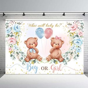 mehofond 7x5ft bear gender reveal baby shower party backdrop boy or girl blush pink blue floral photography background party decor blue and pink balloons gold confetti photobooth