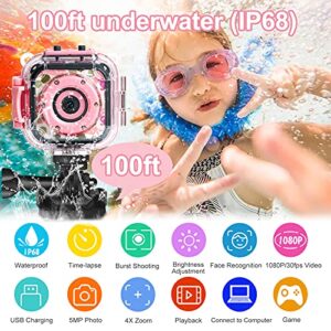 PROGRACE Kids Camera Waterproof Gift Toy - Children Digital Video Camera Underwater Camera for Kids 1080P Camcorder DV Toddler Camera for Girls Birthday Learn Camera Pool Toys Age 3-14