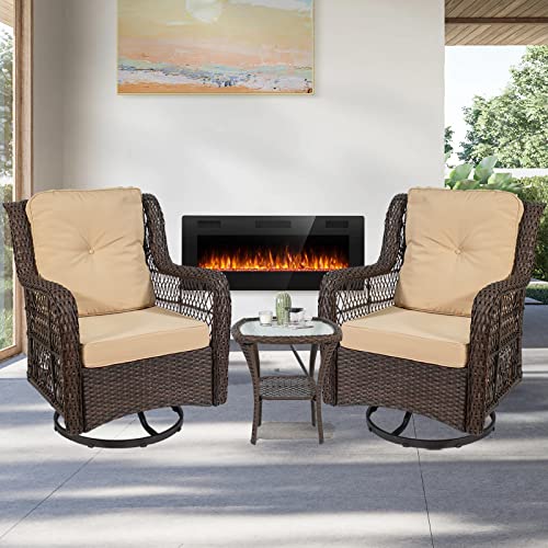 MOOLINCO 3 Pieces Swivel Rocking Chairs Set, Patio Furniture Set, with 2 Wicker Chairs, a Coffee Table and 2 Cushions, Indoor and Outdoor Universal Wicker Rocker (Khaki)