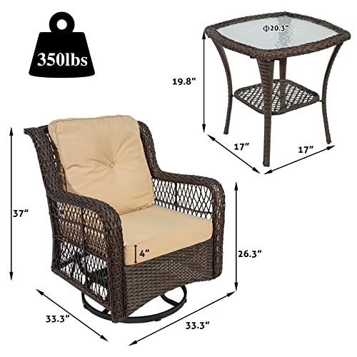 MOOLINCO 3 Pieces Swivel Rocking Chairs Set, Patio Furniture Set, with 2 Wicker Chairs, a Coffee Table and 2 Cushions, Indoor and Outdoor Universal Wicker Rocker (Khaki)