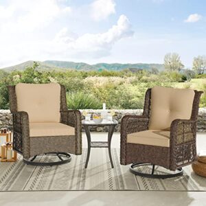 MOOLINCO 3 Pieces Swivel Rocking Chairs Set, Patio Furniture Set, with 2 Wicker Chairs, a Coffee Table and 2 Cushions, Indoor and Outdoor Universal Wicker Rocker (Khaki)