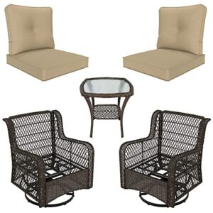 MOOLINCO 3 Pieces Swivel Rocking Chairs Set, Patio Furniture Set, with 2 Wicker Chairs, a Coffee Table and 2 Cushions, Indoor and Outdoor Universal Wicker Rocker (Khaki)