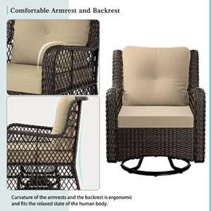 MOOLINCO 3 Pieces Swivel Rocking Chairs Set, Patio Furniture Set, with 2 Wicker Chairs, a Coffee Table and 2 Cushions, Indoor and Outdoor Universal Wicker Rocker (Khaki)