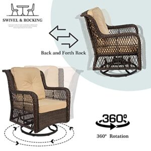 MOOLINCO 3 Pieces Swivel Rocking Chairs Set, Patio Furniture Set, with 2 Wicker Chairs, a Coffee Table and 2 Cushions, Indoor and Outdoor Universal Wicker Rocker (Khaki)