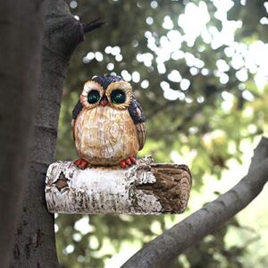 LINSBO Tree Hugger Statues Fake Owl Garden Decor, Polyresin Outdoor Whimsical Tree Sculpture Peeker Yard Art with Solar LED Eyes Lights