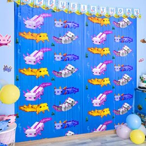 bupelo pixel game themed party supplies,2 packs of axolotl tinsel foil fringe curtains, miner themed photo booth prop backdrop streamer, axolotl birthday party decorations, room decor for kids