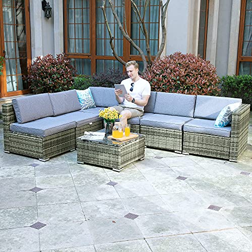 YITAHOME 7 Piece Outdoor Patio Furniture Sets, Garden Conversation Wicker Sofa Set, and Patio Sectional Furniture Sofa Set with Coffee Table and Cushion for Lawn, Backyard, and Poolside, Gray Gradient