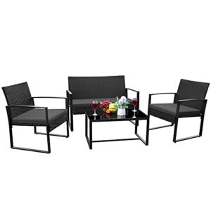 jummico 4 piece patio set outdoor rattan chairs with cushion & table metal bistro conversation sets modern porch furniture for garden, balcony, poolside (black)