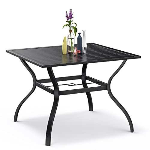 Bigroof Outdoor Patio 37" Square Dining Table Metal Steel Slat Backyard Bistro Table Outdoor Furniture Garden Table, with 1.57” Umbrella Hole, Black