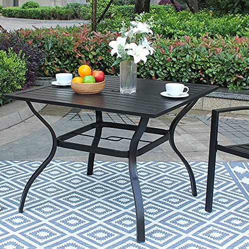 Bigroof Outdoor Patio 37" Square Dining Table Metal Steel Slat Backyard Bistro Table Outdoor Furniture Garden Table, with 1.57” Umbrella Hole, Black