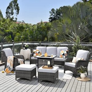 xizzi patio furniture set outdoor conversation sofa with 30 inch square propane fire pit table all weather pe rattan wicker high back outside couch for deck and backyard,grey wicker grey cushion