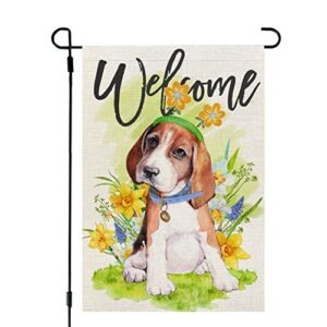 crowned beauty spring dog garden flag beagle floral 12×18 inch double sided for outside welcome burlap small yard holiday decoration cf756-12