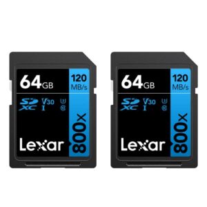 lexar high-performance 800x 64gb (2-pack) sdxc uhs-i memory cards, c10, u3, v30, full-hd & 4k video, up to 120mb/s read, for point-and-shoot cameras, mid-range dslr, hd camcorder (lsd0800064g-b2nnu)