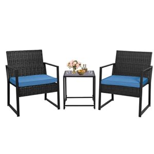 b baijiawei 3pcs wicker patio furniture sets outdoor bistro set wicker chair conversation sets with coffee table for yard, backyard, porch, bistro (black wicker-blue cushion)