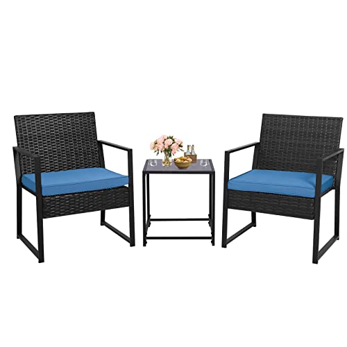 B BAIJIAWEI 3PCS Wicker Patio Furniture Sets Outdoor Bistro Set Wicker Chair Conversation Sets with Coffee Table for Yard, Backyard, Porch, Bistro (Black Wicker-Blue Cushion)