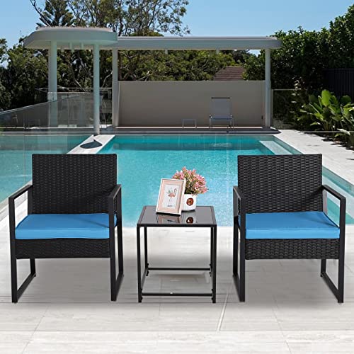 B BAIJIAWEI 3PCS Wicker Patio Furniture Sets Outdoor Bistro Set Wicker Chair Conversation Sets with Coffee Table for Yard, Backyard, Porch, Bistro (Black Wicker-Blue Cushion)