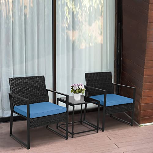 B BAIJIAWEI 3PCS Wicker Patio Furniture Sets Outdoor Bistro Set Wicker Chair Conversation Sets with Coffee Table for Yard, Backyard, Porch, Bistro (Black Wicker-Blue Cushion)